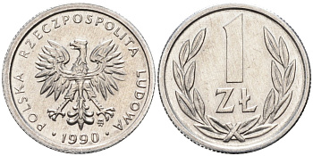 Польша 1 злотый 1990 MW, Народная Республика KM 49.3, Parchimowicz 215b алюминий UNC 4580-727