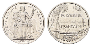 Французская Полинезия 2 франка 1989 KM 10 алюминий UNC 4675-924