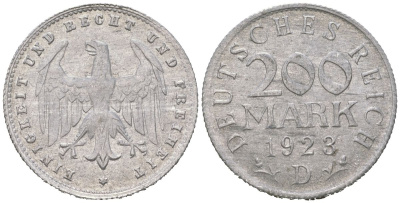 Германия 200 марок 1923 D KM 35 алюминий aUNC 33-314