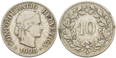ШВЕЙЦАРИЯ 10 РАППЕНОВ 1908 В KM 27 медно-никель 4513-221