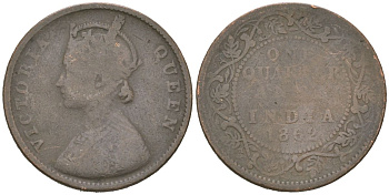 Британская Индия 1/4 анна 1862 Виктория (1837-1901) KM 467 медь 113-1231