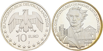 ФРГ 10 евро 2003 J, 200 лет со дня рождения Юстуса фон Либиха KM 222, DE.S. 10.7 серебро PROOF 1076-3-22