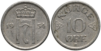 Норвегия 10 эре 1954 Хокон VII KM 396 медно-никель 206-222