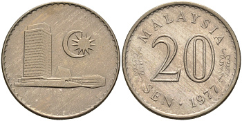 Малайзия 20 сенов 1977 здание Парламента KM 4 медно-никель UNC 4591-256