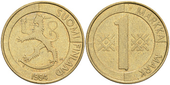 ФИНЛЯНДИЯ 1 МАРКА 1994 M KM 76 алюминиевая бронза 4556-526