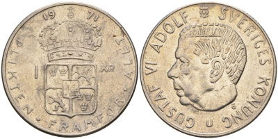 Швеция 1 крона 1971 U, Густав VI Адольф (1950-1973) KM 826a медь плакированный медно-никелем 4150-325