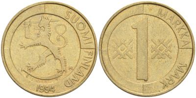 ФИНЛЯНДИЯ 1 МАРКА 1994 M KM 76 алюминиевая бронза 4556-526