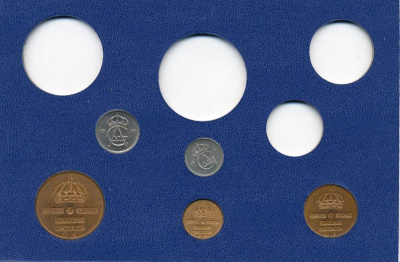 Швеция 1, 2, 5, 10, 25 эре 1971 Густав VI Адольф (1950-1973) в картоне набора монетного двора UNC 7-5-7-254