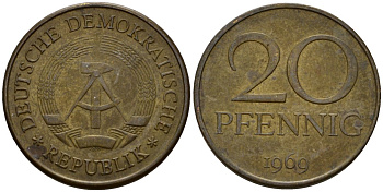 ГДР 20 пфеннигов 1969 А, первый год KM 11 латунь 4601-522