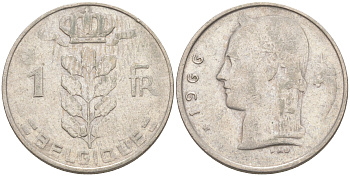 БЕЛЬГИЯ 1 ФРАНК 1966 BELGIQUE KM 142.1 медно-никель 187-931