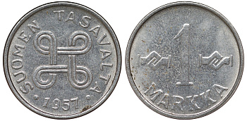 Финляндия 1 марка 1957 KM 36a никелированное железо 4164-137
