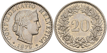 Швейцария 20 раппенов 1979 KM 29a медно-никель 4187-613