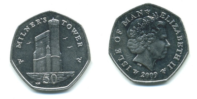 ОСТРОВ МЭН 50 ПЕНСОВ 2009 БАШНЯ МИЛНЕРСА KM 1258 медно-никель UNC 540-322