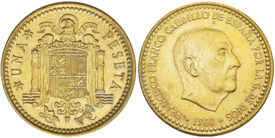 Испания 1 песета 1966 (75) Франциско Франко (1939-1975) КМ 796 алюминиевая бронза 216-415
