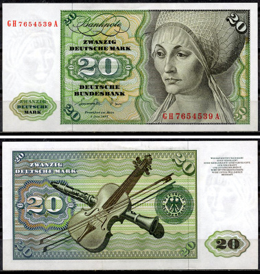 ФРГ 20 марок 1977 Эльсбет Тухер (Альбрехт Дюрер), скрипка, кларнет Pick 32 b  бумага  aUNC 451-919-3