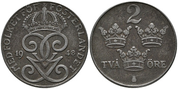 Швеция 2 эре 1948 Густав V (1907-1950) KM 811 железо 63-953