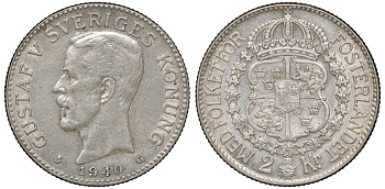 Швеция 2 кроны 1940 G, Густав V (1907-1950) , перерезанная четверка KM 787 серебро 4178-1335