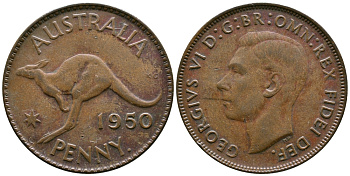 АВСТРАЛИЯ 1 ПЕННИ 1950 p, ГЕОРГ VI (1936-1952), КЕНГУРУ KM 43 бронза 74-231