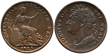 Великобритания 1 фартинг 1823 Георг IV (1820-1830) KM 677, Spink 3822 медь 1518-742