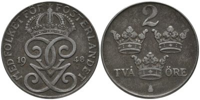 Швеция 2 эре 1948 Густав V (1907-1950) KM 811 железо 63-953