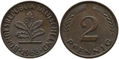 ФРГ 2 пфеннига 1968 J KM 106а, J.381а сталь плакированная медью 99-154