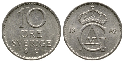 Швеция 10 эре 1962 U Густав VI Адольф (1950-1973) KM 835 медно-никель 3458-147