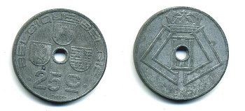 БЕЛЬГИЯ 25 САНТИМОВ 1942 BELGIQUE-BELGIE, ГЕРМАНСКАЯ ОККУПАЦИЯ, ВТОРАЯ МИРОВАЯ ВОЙНА KM 131 цинк 57-242