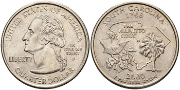 США 25 центов = квотер 2000 P, серия штаты США, Южная Каролина KM 307 медь плакированная медно-никелем 4586-131