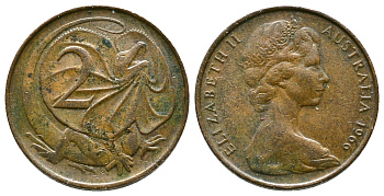 Австралия 2 цента 1966 Елизавета II (1952-), плащеносная ящерица KM 63 бронза 89-1337