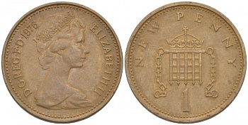Великобритания 1 пенни 1976 Елизавета II (1952-2022) KM 915, Spink 4237 (B1) бронза 112-1129