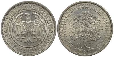 Германия 5 марок 1932 A, Дуб. Единство, справедливость, свобода, цена по каталогу МТ 400 евро J. 331, KM 56 серебро UNC 00-804-11