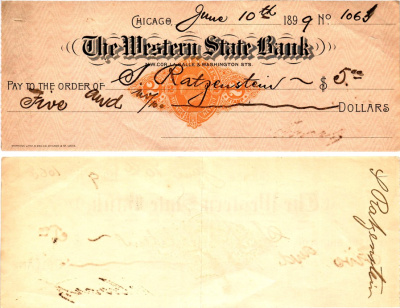 США чек на 5 долларов 1899 The Western State Bank, Чикаго бумага 6287-39-1-2