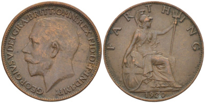 Великобритания 1 фартинг 1920 Георг V (1910-1936) KM 808.2, Spink 4060 бронза 4543-1016