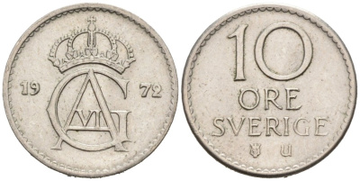 Швеция 10 эре 1972 Густав VI Адольф (1950-1973) KM 835 медно-никель 4564-748