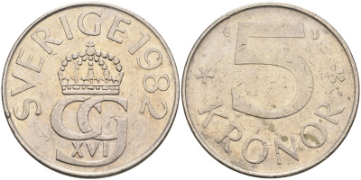 Швеция 5 крон 1982 U, Карл XVI Густав (1973- ) КМ 853 медно-никель 177-827