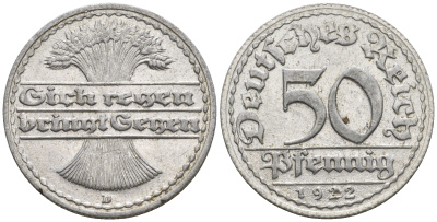 Германия 50 пфеннигов 1922 D KM 27, J. 301, Weege 10 алюминий 60-1132