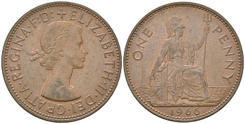 Великобритания 1 пенни 1966 Елизавета II (1952-2022) KM 897, Spink 4157 бронза    82-1131