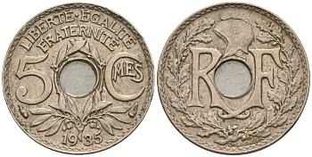 Франция 5 сантимов 1935 KM 875 медно-никель 4596-632
