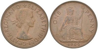 Великобритания 1 пенни 1966 Елизавета II (1952-2022) KM 897, Spink 4157 бронза    82-1131