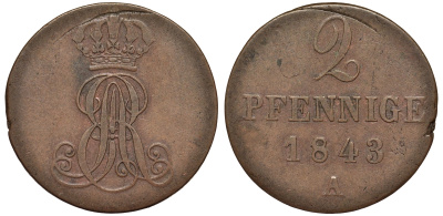 Ганновер 2 пфеннига 1843 A, Эрнст Август (1837-1851) KM 174.1, AKS 122, J. 55 медь 75-1743