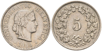 Швейцария 5 раппенов 1954 В KM 26 медно-никель 4594-618