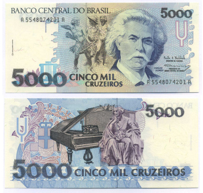 Бразилия 5000 крузейро ND (1990-1993) серия А 5548, Карлось Гомес, музыкант, рояль Pick 232с бумага UNC (пресс) 8595-36-2-2