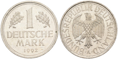 ФРГ 1 марка 1992 A KM 110, J. 385 медно-никель 4584-1046