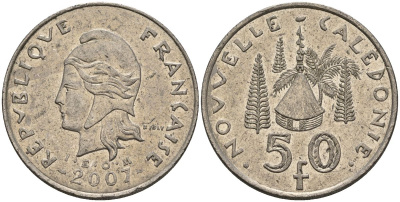 Французская Новая Каледония 50 франков 2007 хижина среди сосен и пальм, (IEOM) KM 13a, Schoen 15a, Lec 128i медно-никель 4144-1246