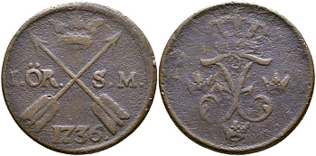 Швеция 1 эре 1736 S.M. Фредерик I (1720-1751) KM 416.1 медь 36-215