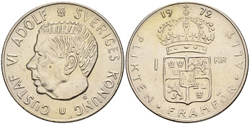 Швеция 1 крона 1972 U, Густав VI Адольф (1950-1973), в лаке KM 826а медь плакированная медно-никелем 4557-415
