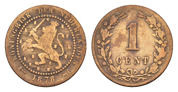 Нидерланды 1 цент 1878 Виллем III (1849-1890) KM 107 бронза 53-216