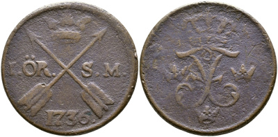 Швеция 1 эре 1736 S.M. Фредерик I (1720-1751) KM 416.1 медь 36-215