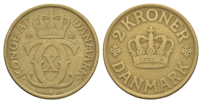 Дания 2 кроны 1925 HCN; GJ, Кристиан X (1912-1947) KM 825 алюминиевая бронза 114-1133