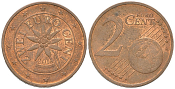Австрия 2 евроцента 2014 KM 3083 сталь плакированная медью 4516-253